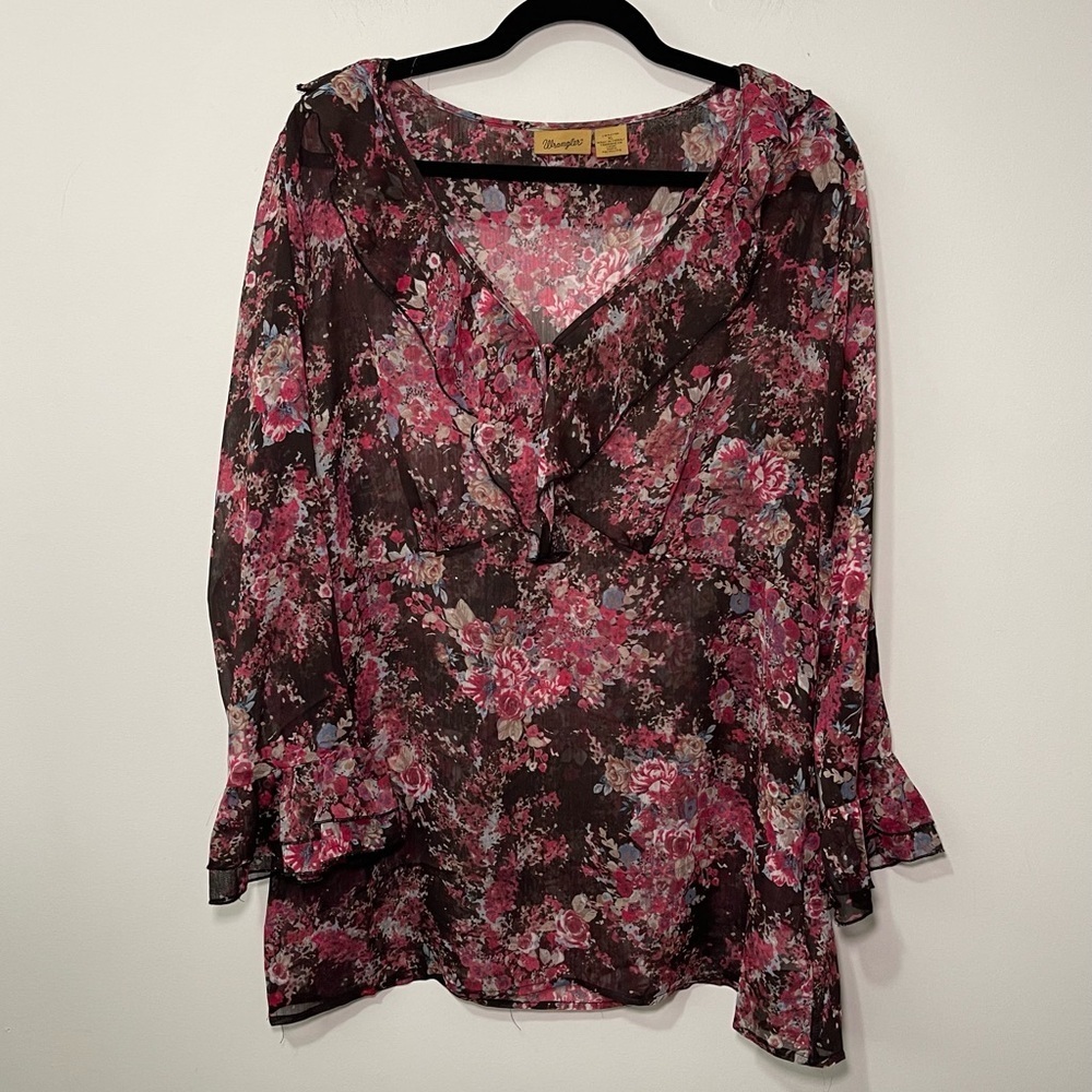 Wrangler Brown Floral Ruffle V-Neck Blouse with Pink Accents